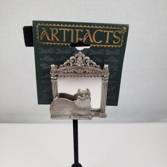 Vintage 1986 JJ Jonette Cat Kitten Looking In Mirror SilverTone Artifact Brooch - Picture 1 of 6